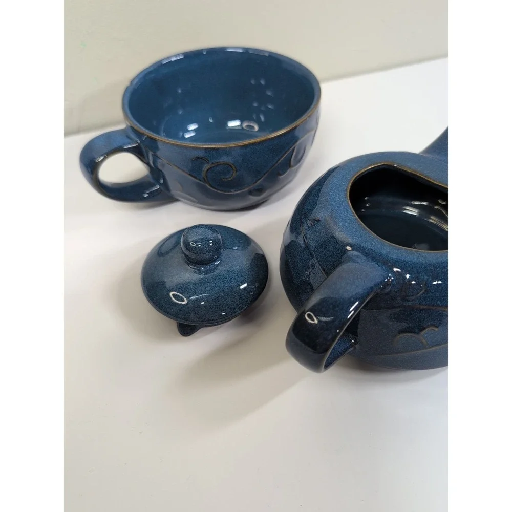Pier 1 Teapot With Lid & Mug Stoneware Indigo Blue Embossed